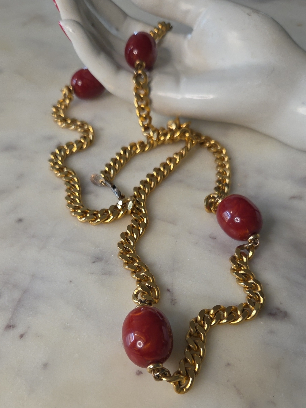 Les Bernard Gold Link Chain Necklace with Red & GoldDust Lucite Beads